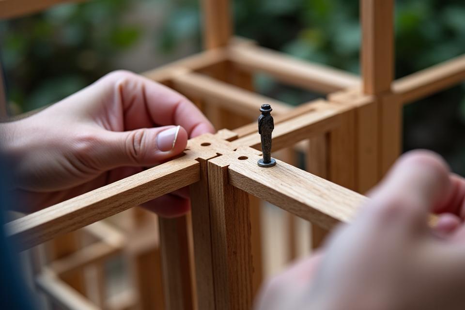 Détail de l'assemblage précis de pièces de bois pour un terrarium.