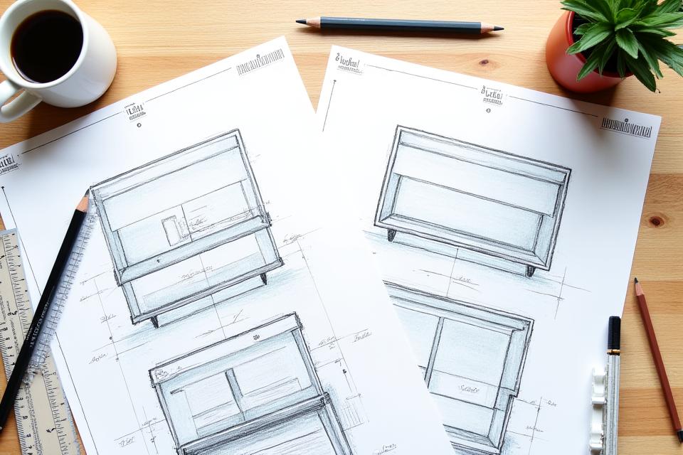 Plans et esquisses de terrariums personnalisés sur une table d'atelier.
