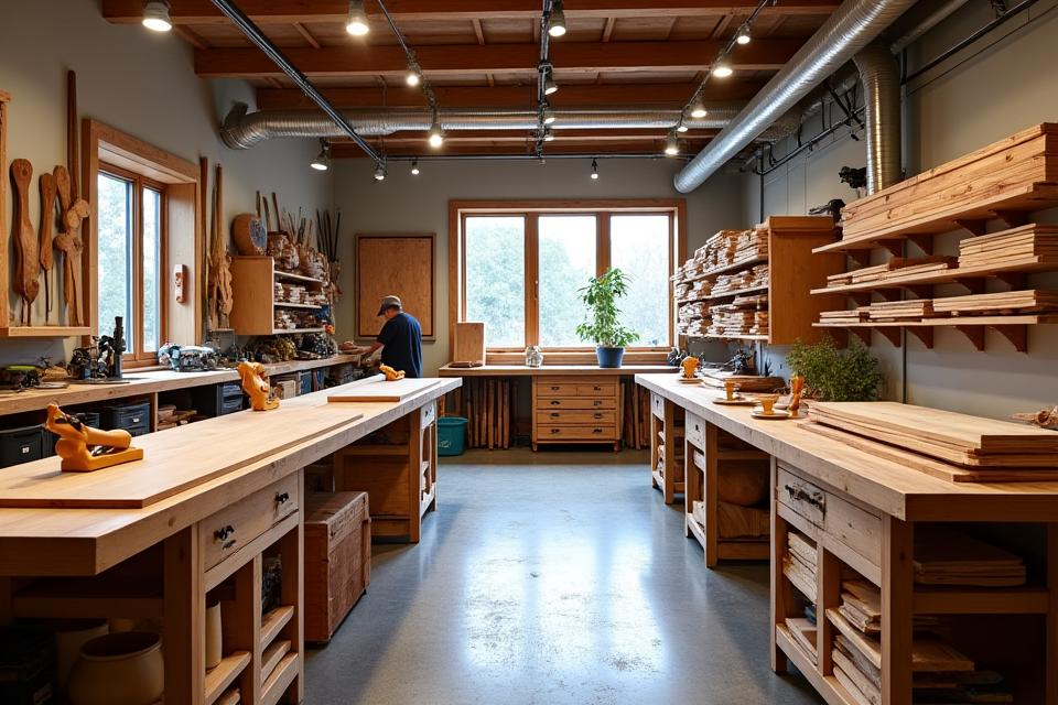 Vue de l'atelier d'Iguane Créations avec divers outils et du bois en cours de traitement.