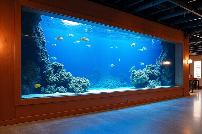 Installation d'un grand aquarium commercial en bois d'acacia