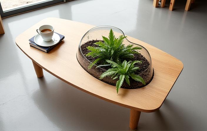 Table basse en bois avec terrarium intégré pour geckos