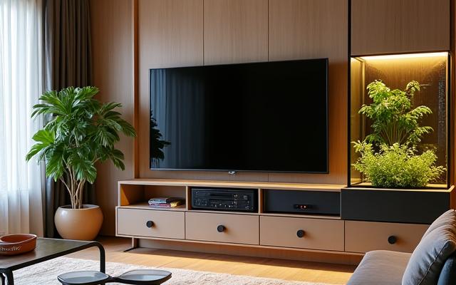 Un meuble TV intégrant un vivarium élégant avec des plantes