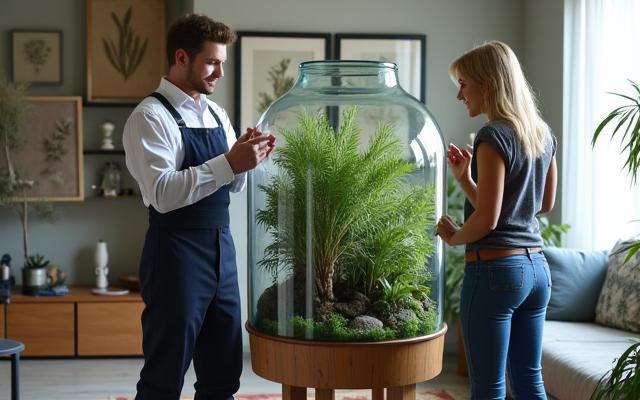 Un expert installant un grand terrarium dans un salon moderne, offrant des conseils